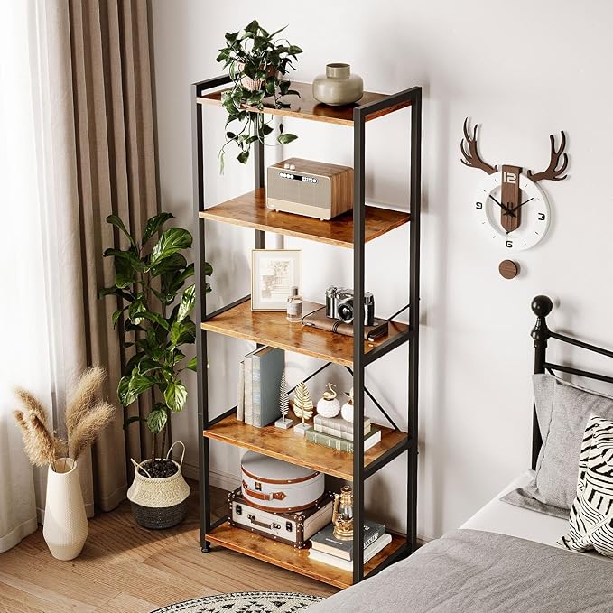 Casaottima Book Shelf, 5 Tier Bookshelf, Modern Wood Bookcase Shelves for Bedroom, Industrial Display Shelf for Living Room Home Office Kitchen, Standing Shelving Unit Storage Organizer, Vintage-NeatNest