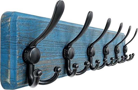 Dseap Coat Rack Wall Mounted - 24" Long 6 Tri Hooks, Heavy Duty Wooden Wall Coat Hanger Coat Hook for Clothes Hat Jacket Clothing, Weathered Blue and Black