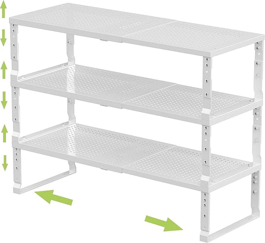 Expandable Adjustable Stackable Kitchen Organizer, Spice Rack,Metal Pantry Storage Shelves Racks,Counter Shelf for Cabinets, Countertop, Cupboard(3 Packs/Medium/White)-NeatNest