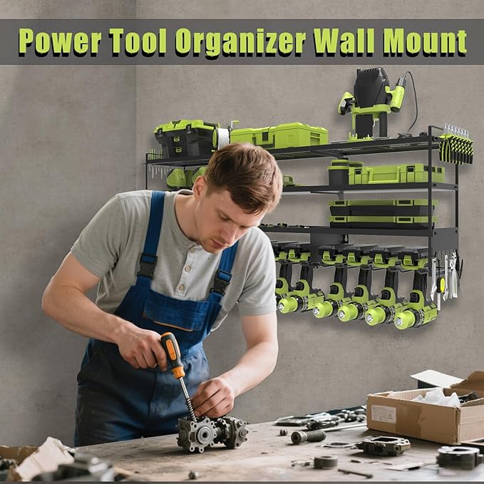 50''W Large Power Tool Organizer Wall Mount, Heavy Duty 4 Tier 12 Drill Holder Loads 600lbs, Garage Tool Organizer and Storage, Suitable Tool Rack for Workshop, Workbench