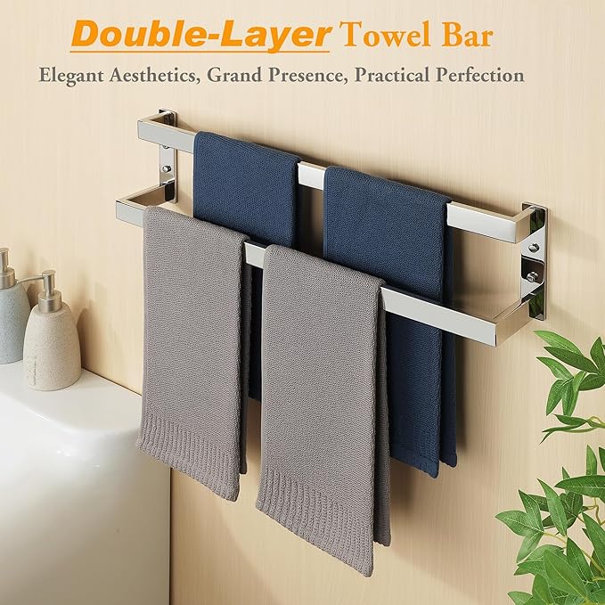 Alise Double Towel Bar 24", SUS304 Stainless Steel Towel Racks for Bathroom Wall Mounted, Heavy Duty Bathroom Towel Holder, Space Saving Towel Hanger, Polished Chrome