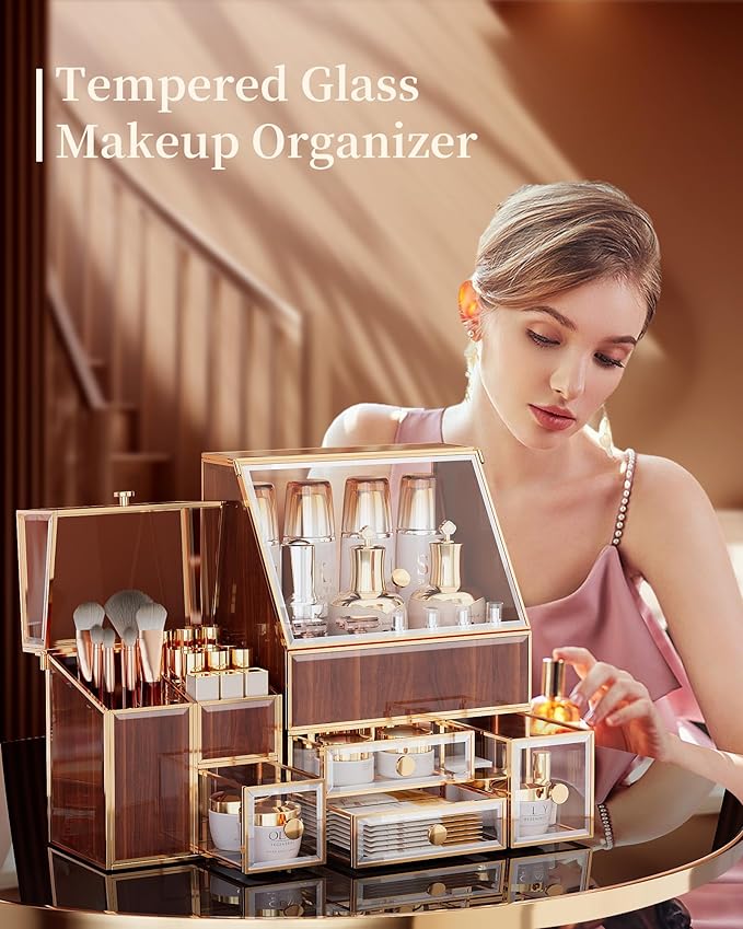 Glass Makeup Storage for Vanity and Bathroom Countertop – Large Cosmetic Display Case and Skincare Storage Solution