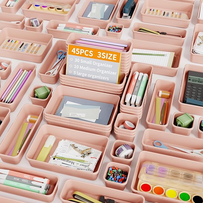 45 Pack Pink Plastic Drawer Organizer Trays - 3-Size Storage for Kitchen, Bathroom, Office, Vanity, Makeup, Utensils, Junk Drawer Organizer Bins, Gadget Trays-NeatNest
