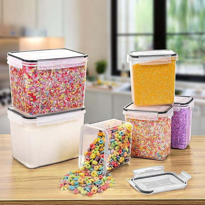 Wildone Airtight Food Storage Containers Cereal & Dry Food Storage Container Set of 6(Black Lid), Leak-proof & BPA Free, With 1 Measuring Cup & 20 Chalkboard Labels & 1 Chalk Marker-NeatNest