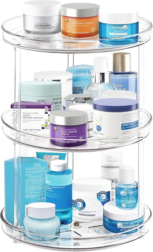3 Tier Lazy Susan Bathroom Organizer - 9.25 Inch Clear Makeup Organizer with Skincare and Perfume Storage for Countertop-NeatNest