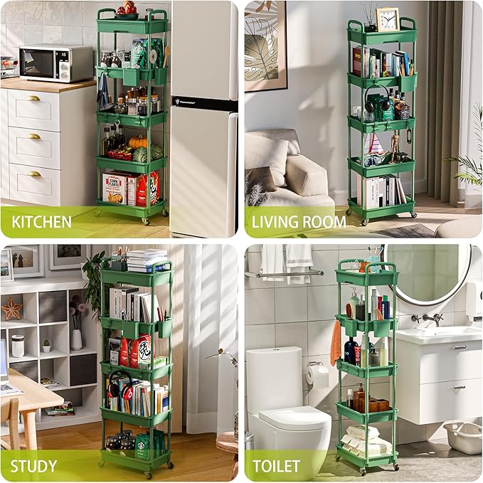 5 Tier Rolling Cart Organizer,Bathroom Cart Organizers with Wheels Laundry Room Organization Mobile Shelving Unit Utility Cart Storage Shelves Multi-Functional for Office, Home(Green)-NeatNest