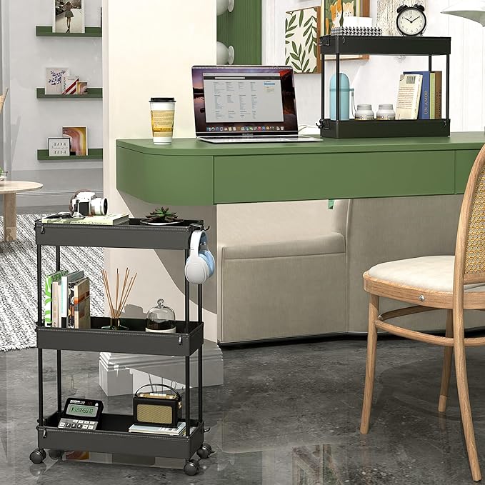 SPACEKEEPER Slim Rolling Storage Cart, 3 Tier Bathroom Storage Organizer Laundry Room Utility Cart Mobile Shelving Unit, Multi-Purpose for Kitchen Office Bathroom Laundry Narrow Places, Black-NeatNest