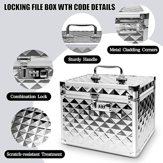 Medication Combination Lock Boxes with Code for Personal Items, Medicine Lockbox for Documents 10 x 7.25 x 7.75 Inches Plaid Silver