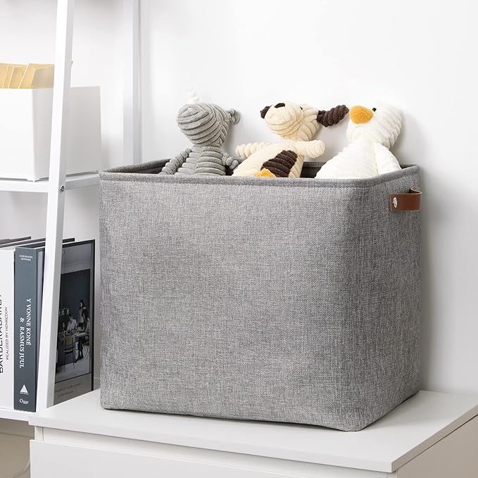 DULLEMELO Large Collapsible Storage Basket/Bin with Sturdy Leather Handles, Fabric Organizer Bin for Storage Clothes, Toys, Books, Office, Bedroom, Closet, Nursery & Laundry (Gray)-NeatNest