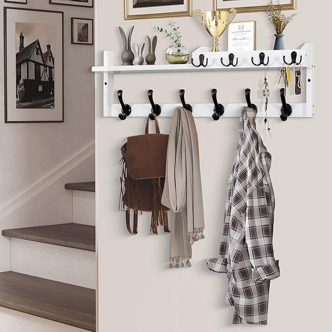 Coat Rack Wall Mount with Shelf, 27.5" Entryway Wall Hanging Shelf, Coat and Key Hanger with 10 Dual Hooks, Mail Organizer and Key Holder Hat Rack for Wall, Wood Coat Hooks with Storage-NeatNest