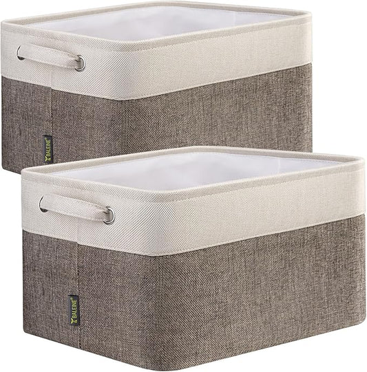 BALEINE 2 Pack Fabric Storage Bins for Shelves, Linen Storage Baskets for Organizing, Decorative Closet Bins for Clothes, Home (Brown, 12"x8"x8")-NeatNest