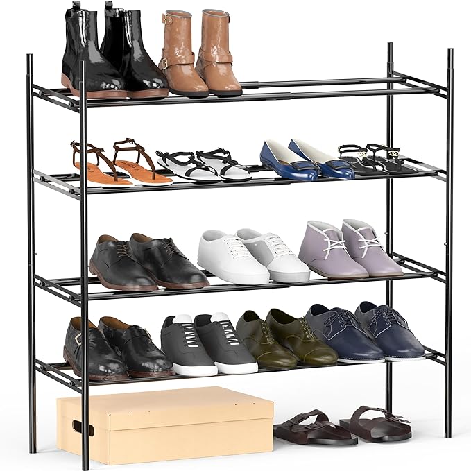 Simple Houseware 4-Tier Expandable and Stackable Shoe Racks with Shelves for 16 Pairs of Shoes, Black-NeatNest