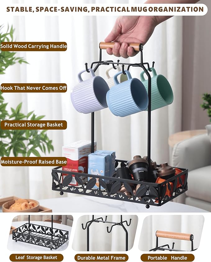 Coffee Mug Holder for Countertop, Mug Tree & Mug Rack with Storage Basket, 2-in-1 Organizer Holds 4 Large Mugs, Kitchen Cup Holder for Coffee Bar Accessories, Pods & Tea Bags, Black Metal with Handle-NeatNest