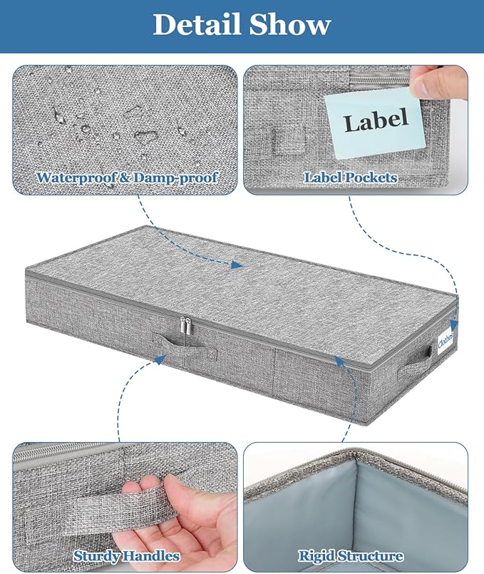 Cirhy Under Bed Storage Containers, 4.5 Inch Tall Low Profile Under Bed Storage with Sturdy Sidewalls & Bottom, UnderBed Storage for Clothes,Shoes, Pillow, Blankets Organizer, 2 Pack Grey-NeatNest