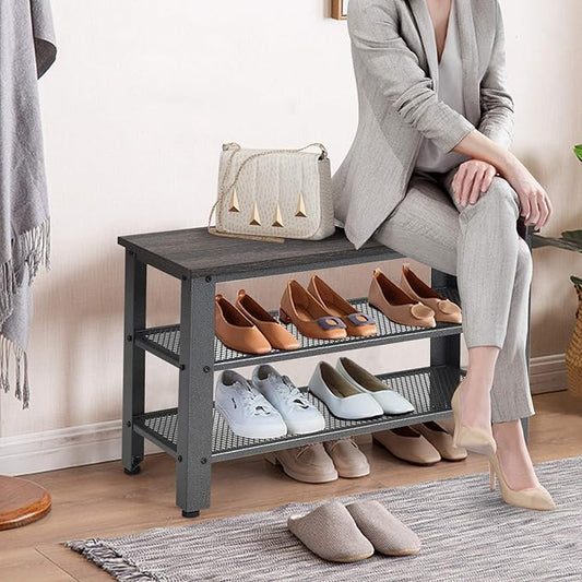 Giantex 3-Tier Shoe Bench, Industrial Shoe Rack with 2 Mesh Storage Shelves for Entryway, Hallway, Bathroom or Living Room, Shoe Organizer (Gray)