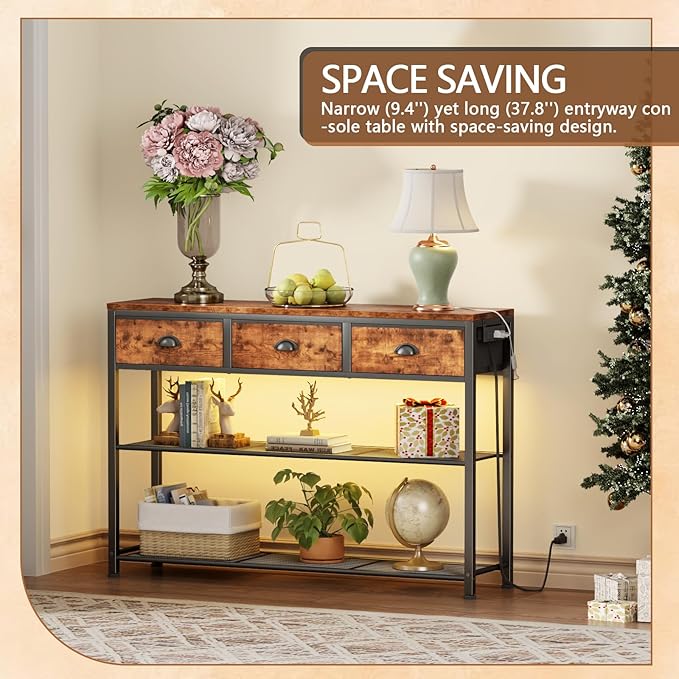 Furologee Console Table with Charging Station & 3 Fabric Drawers, 38'' Entryway Table with Storage Shelves and LED Light for Entry Way, Industrial Display Shelf for Hallway, Foyer, Rustic Brown-NeatNest