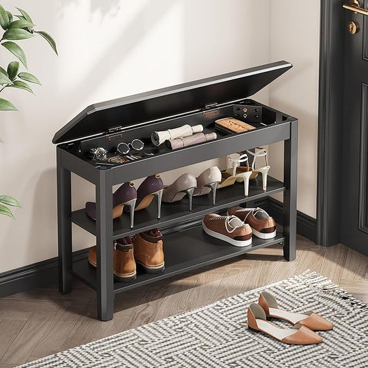 Shoe Rack Bench Seat Rubberwood 2-Tier Wooden Storage Bench 560lbs Compact Mid-Century Modern Design for Entryway, Hallway, Closet, Front Door Entrance, Foyer-NeatNest