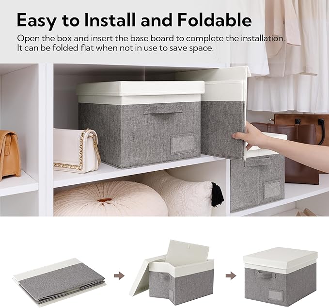 GRANNY SAYS Linen Storage Box, Collapsible Storage Bin with Lids and Label Holder, Clothes Organizer - 3-Pack, Gray & Ivory-NeatNest