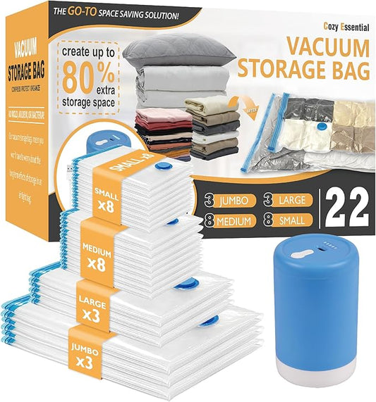 Vacuum Storage Bags with Electric Pump, 22 Pack (3 Jumbo/3 Large/8 Medium/8 Small) Vacuum Seal Space Saver Bags for Clothing, Pillows, Blanket, Bedding, Comforters-NeatNest