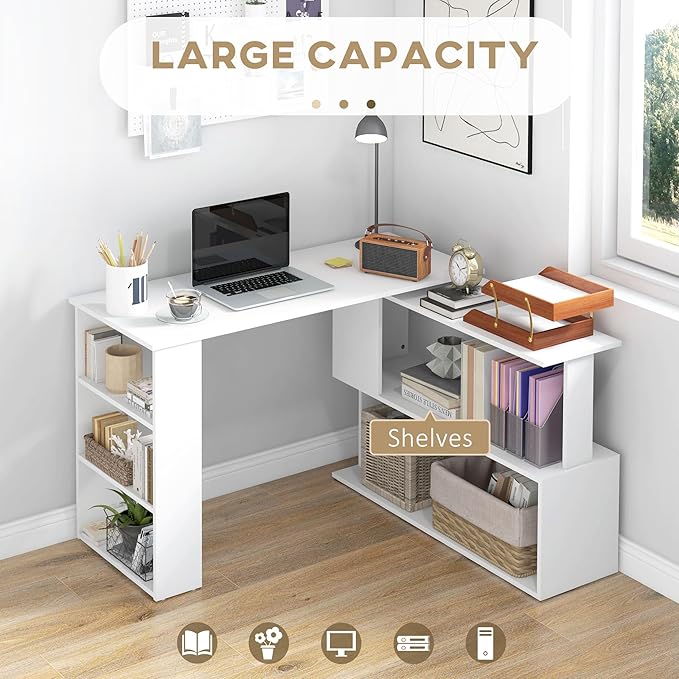 HOMCOM L Shaped Desk, Corner Computer Desk, 360 Degree Rotating Home Office Desk with Storage Shelves, Writing Table Workstation, White-NeatNest