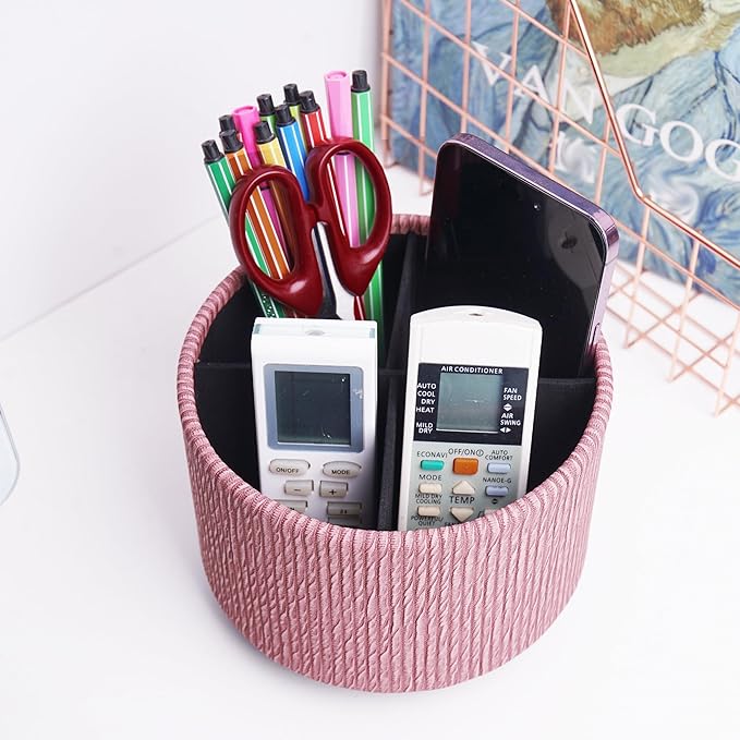 Hennaja Round Leather Art Supply Organizer,Remote Control Holder,360 Degree Spinning,Multi-Functional Pencil Holder,4 Compartments Desktop Stationary Organizer(1-Wood Pink)-NeatNest