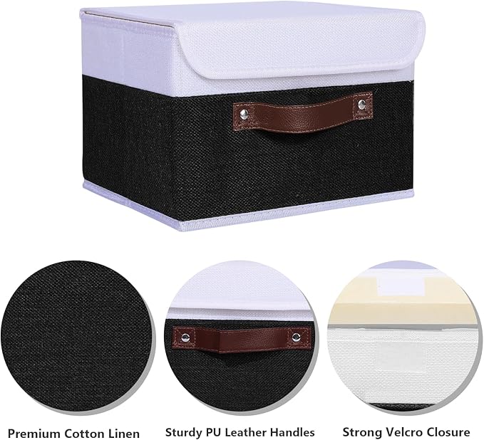 ANMINY 4PCS Storage Boxes with Lid Washable Decorative Storage Bins Basket with PU Leather Handle Foldable Linen Fabric Storage Cubes Containers for Home Closet Organizer - Black White, Small Size-NeatNest