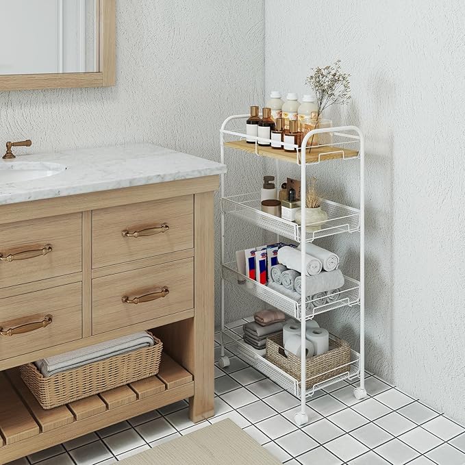 Sekey 4 Tier Rolling Cart Metal, Snap-Together Utility Cart on Wheels, Heavy Duty Storage Cart with Universal Wheels for Baby Nursery, Bathroom, Kitchen, Laundry Room, White