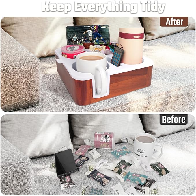 Couch Cup Holder Tray, Real Acacia Wooden Caddy with Soft Silicone, Snack and Drink Organizer- Perfect Movie Night Accessories for Bed, Remote and Cup Holders for Sofa (White)-NeatNest