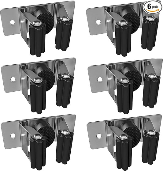 Self Adhesive Broom and Mop Holder Wall Mounted – SUS304 Stainless Steel 2-Slot Organizer with Anti-Slip Rubber Grips, 25lb Load, Adjustable for 0.6–1.4" Handles, Garage Kitchen Bathroom Use, 6 Pcs-NeatNest