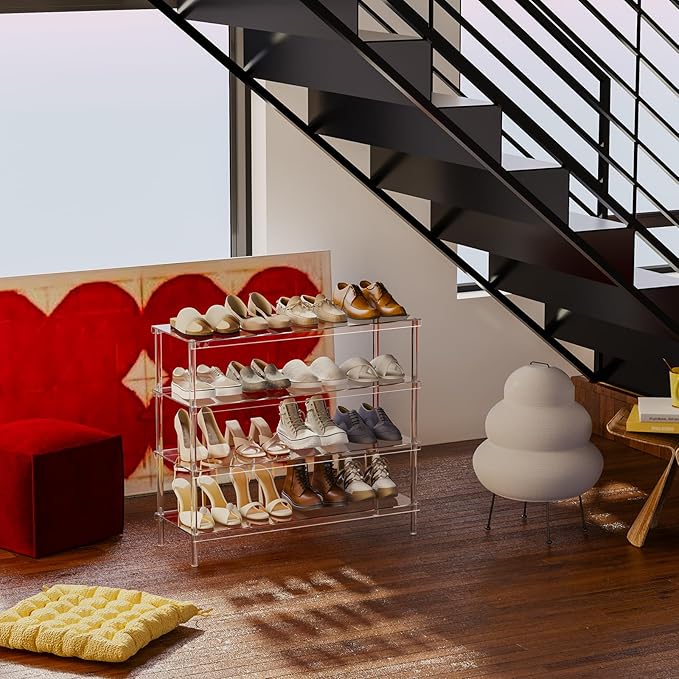 Aquiver 4 Tier Acrylic Shoe Rack for Closet - Wide Shoe Rack - Entryway Shoe Organizer for 16-20 Pairs of Shoes, Easy to Clean, 32.3'' L x 11.8'' W x 28.4'' H