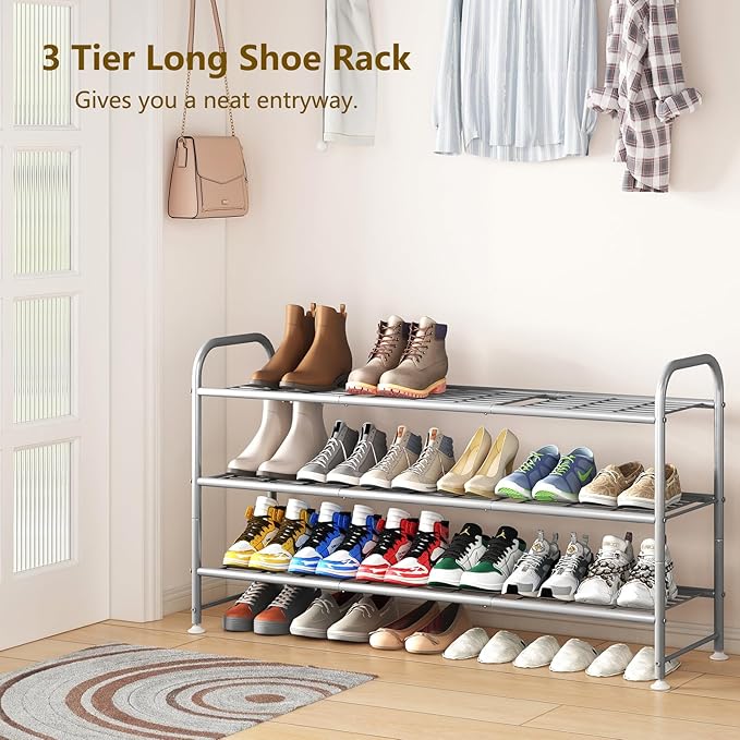 LINZINAR Shoe Rack 3 Tier Long Metal Shoe Organizer for Closet Entryway Grey-NeatNest