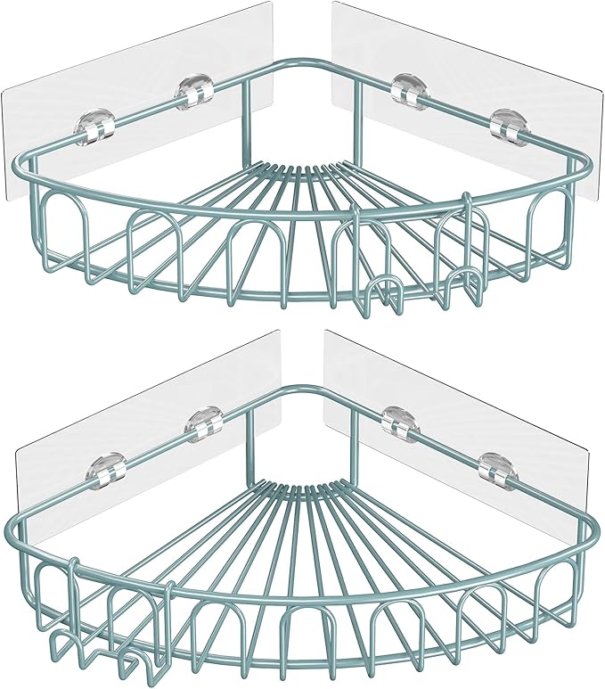 Orimade Corner Shower Caddy with 2 Hooks Wall Mounted Metal Bathroom Shelf Storage Organizer Adhesive No Drilling 2 Pack, Blue Only for 90-Degree Corner