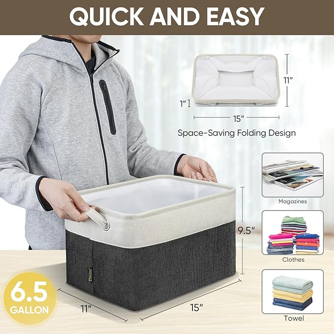BALEINE 2 Pack Fabric Storage Bins for Shelves, Linen Storage Baskets for Organizing, Decorative Closet Bins for Clothes, Home (Black, 15"x11"x9.5")-NeatNest