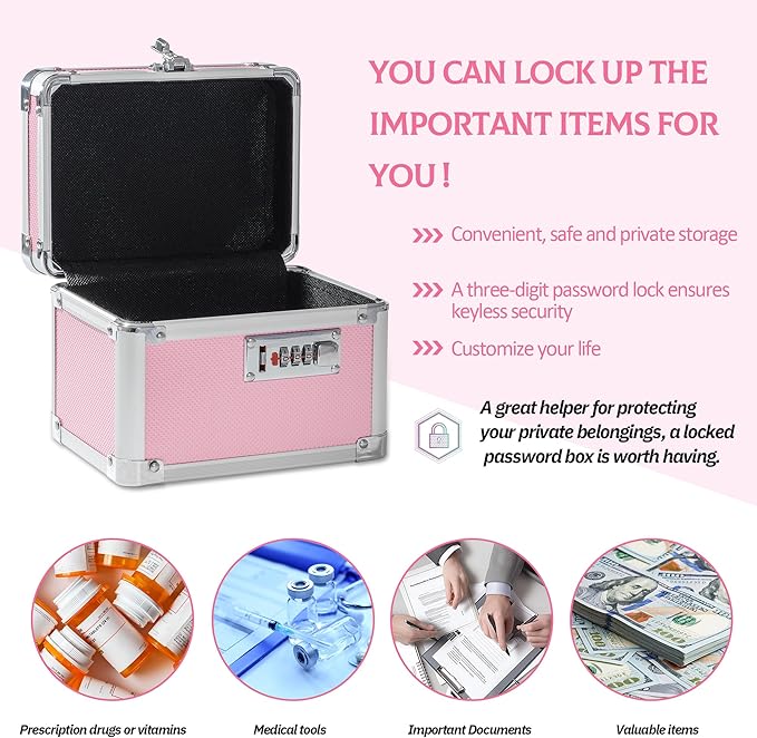 Small Medication Combination Lock Boxes with Code for Personal Items, Medicine Lockbox for Documents - 7.1 x 5.1 x 5.3 Inches Pink