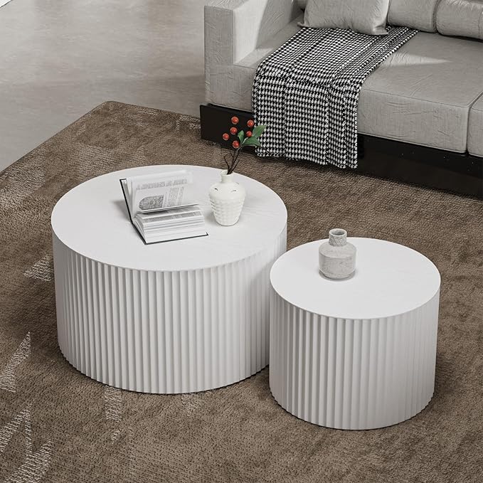 Round Nesting Coffee Table Set 2 Piece, Drum Modern DrumStackable Side Table for Living Room/Bedroom Small, Space-Saving Accent Furniture with Scratch-Resistant Design (B White 27.56 in)
