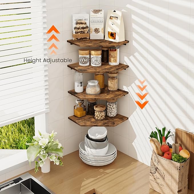 Homode Corner Shelf Wall Mount, Set of 4 Floating Corner Shelves with Cord Hole for Cable Box, Wood Corner Hanging Shelves for Bathroom Bedroom Kitchen, Rustic Brown-NeatNest