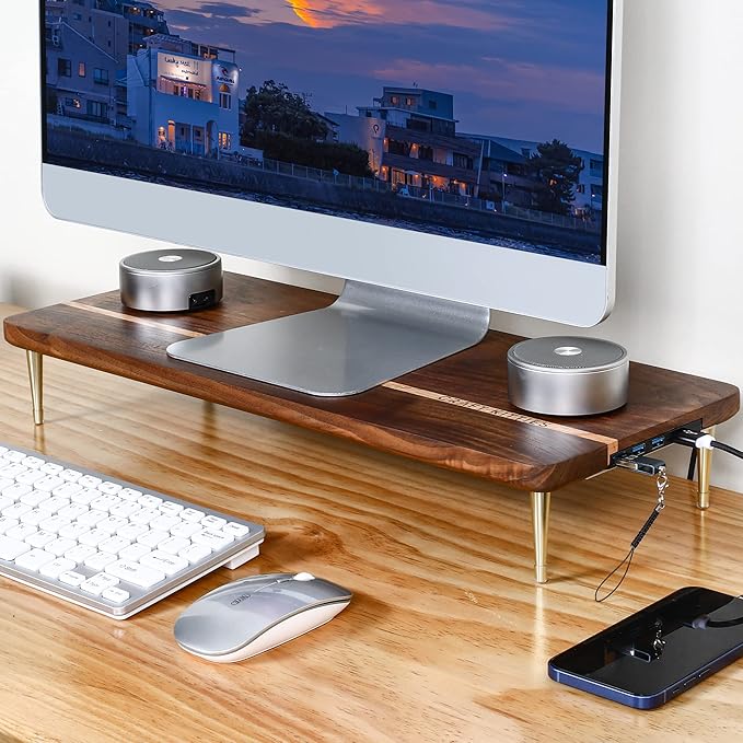 Monitor Stand Wood Riser with 4 USB Ports, Computer Monitor Stand with America Walnut Data Transfer Charging Hub -Compatible with Computer, Mac, PCs, Smartphone, 20.5*8.3in