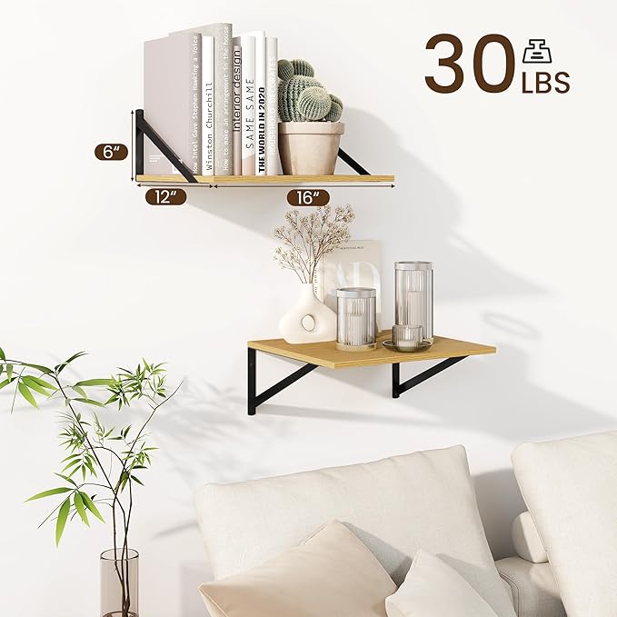 Fun Memories Floating Shelves for Wall, 12 Inch Deep Floating Shelves Set of 2, 16W x 12D Large Wall Shelf with Sturdy Metal Brackets for Living Room, Bathroom, Bedroom and Kitchen, Oak-NeatNest