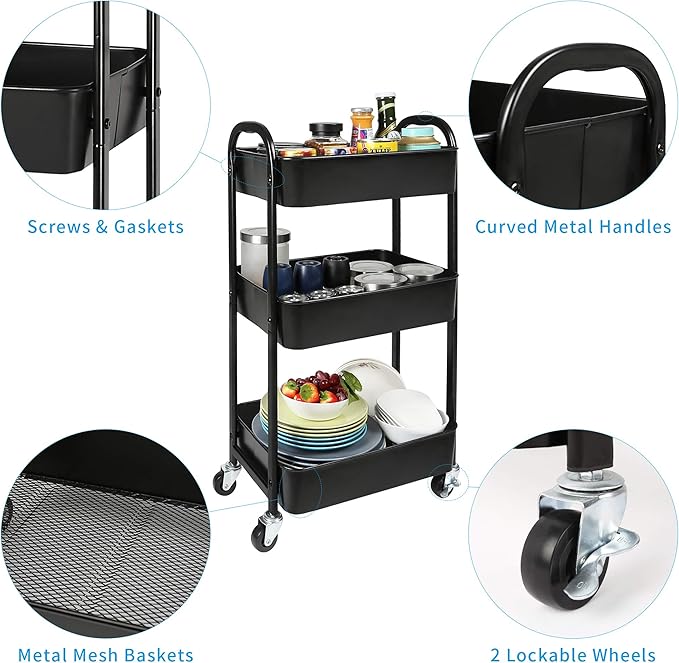 3-Tier Rolling Utility Cart with Caster Wheels,Easy Assembly, for Kitchen, Bathroom (Black)-NeatNest