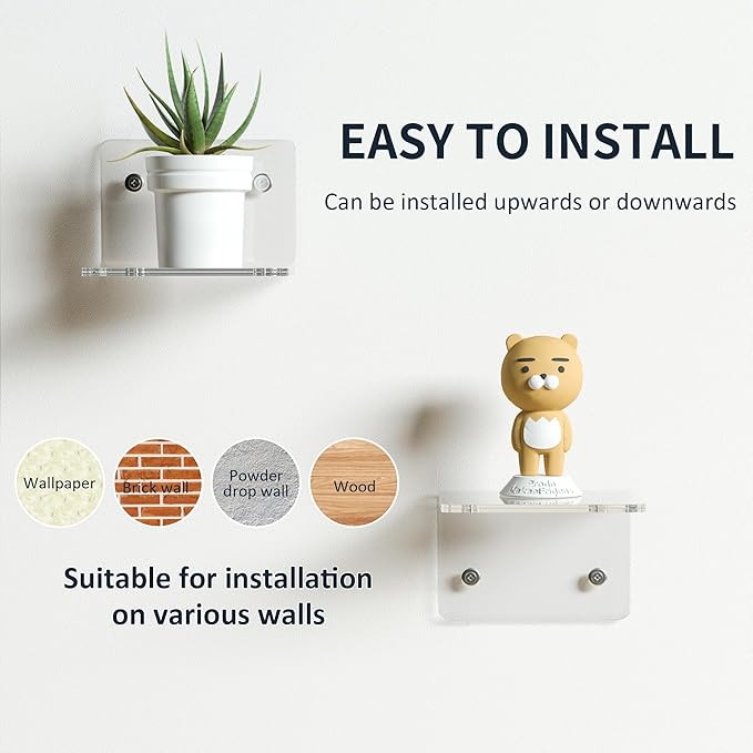 4 Inches Clear Small Wall Shelves, 4mm Thickness Acrylic Small Floating Shelf for Figures, Plants, Security Cameras, Speakers, Moisture-Proof, 2 Pack-NeatNest