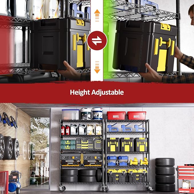 IZEUK 5-Tier Storage Shelving Unit with Wheels, Adjustable Heavy Duty Steel Wire Rack Organizer (Black, 17.7" D x 47.2" W x 76.7" H, 1750 lbs Capacity) for Garage, Kitchen, Office, Laundry, Basement-NeatNest