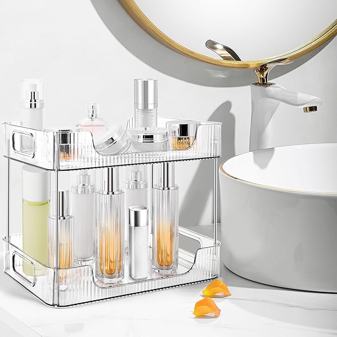 2-Tier Bathroom Counter Organizer Countertop Storage, Dresser Organizer Vanity Tray for Makeup, Perfume Organizer Cosmetics Skincare Shelf- Clear-NeatNest