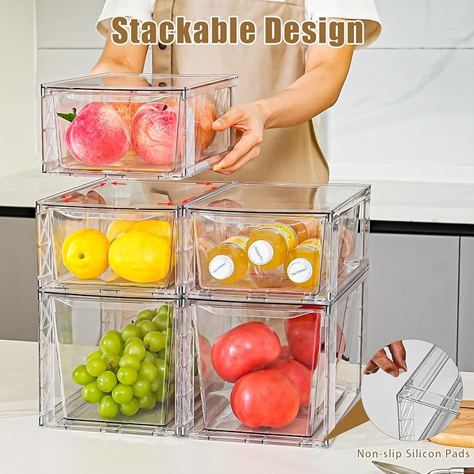 4Pack Stackable Kitchen Storage Organizer, Pantry Organizers and Storage, Clear Foods Organizer Bins with Handles, Easily Assemble for Bathroom, Kitchen, Pantry, Cabinet, Closet-NeatNest