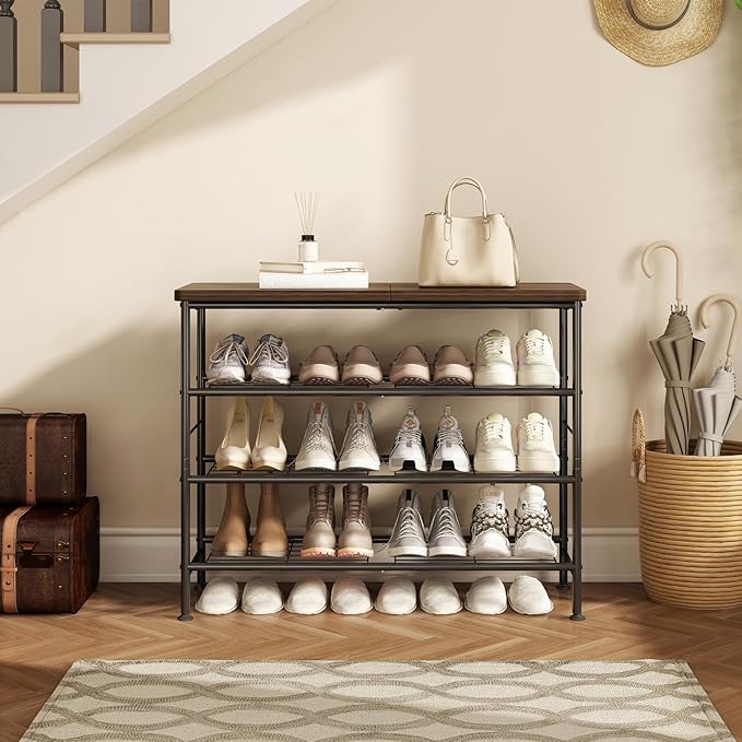 Shoe Rack Organizer 4 Tier for Closet Entryway Free Standing Metal Storage Shoe Shelf with MDF Top Board，Black-NeatNest