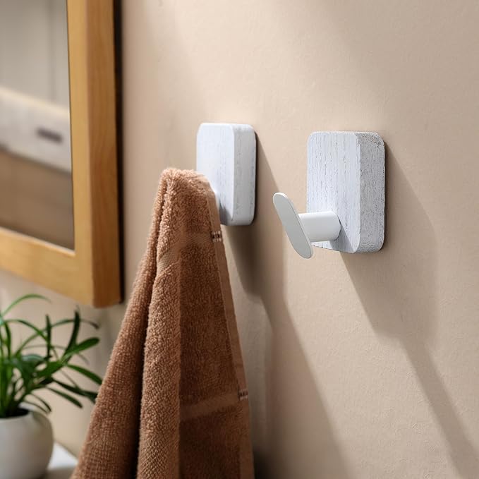 DELITON Wood Wall Hooks, Adhesive Towel Hooks for Hanging Wall Mounted, 4 Packs Coat Robes Hats Command Hook Heavy Duty No Damage, White-NeatNest