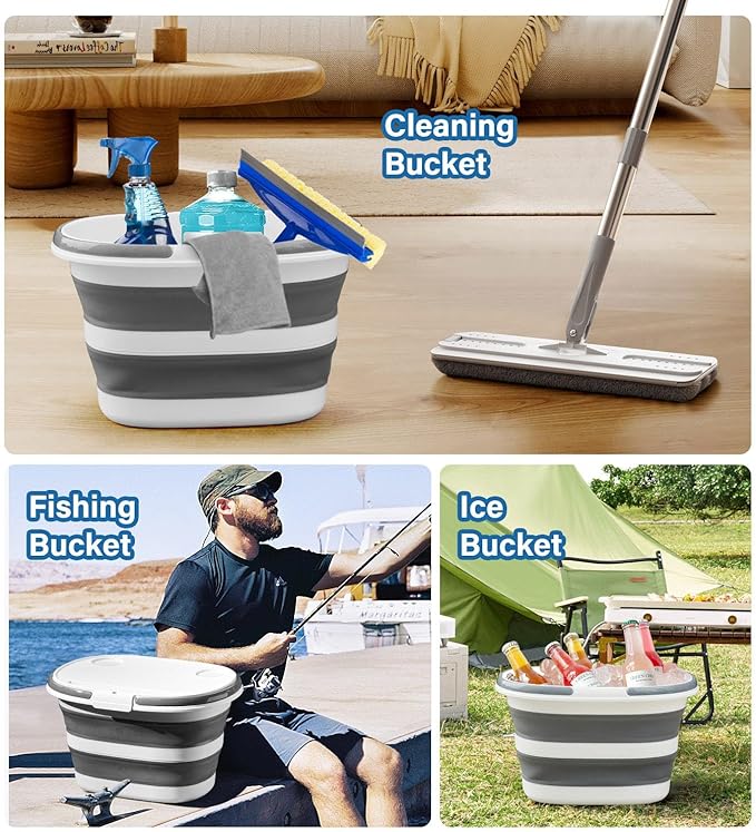 Lesipee Upgraded 16L Collapsible Mop Bucket with Multi-Functional Lid, 4-in-1 Foldable Silicone Tub with Table Surface, Floor Stand, Space Saving 4.2 Gallon Storage Solution for Home & Outdoor-NeatNest