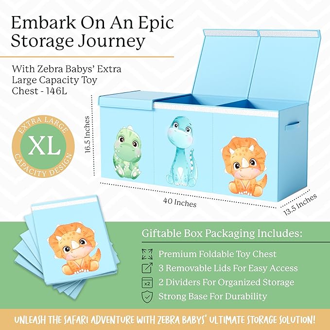 Extra Large Dinosaur Toy Box – 40"x13.5"x16.5" Collapsible Toy Chest with Dividers & Lid for Boys and Girls, Sturdy Kids Toy Organizer Bin for Nursery, Playroom, Bedroom, Stuffed Animal Storage