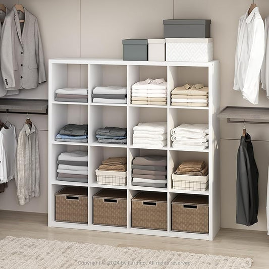 Furinno Cubic Open Back Multipurpose Clothing & Closet Storage Organizer Shelf, 16-Cube, White