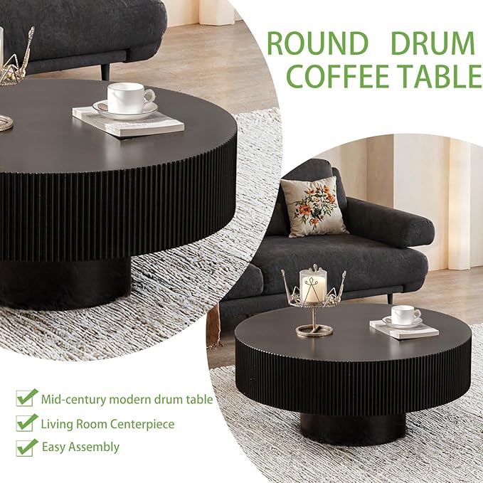 Handmade Round Grooved Drum-Shaped Coffee Table、Rustic Modern Circular Centerpiece for Living Room & Farmhouse Decor、Easy to Clean (B Black 30.9in)