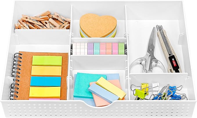 CAXXA 3 Slot Drawer Organizer with 4 Adjustable Dividers - Drawer Storage 7 Compartments Junk Drawer Organizer for Office Desk Supplies and Accessories, White-NeatNest